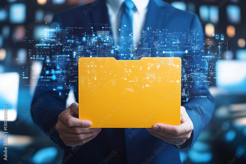 Poster businessman presenting document management system concept with data flow in modern office setting