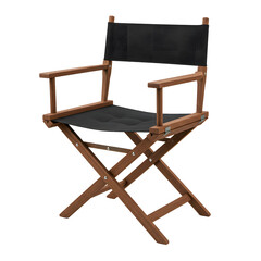 Classic wooden director's chair with a black canvas seat and backrest on a white background