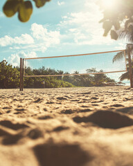 sandy beach with volleyball net under bright sky, surrounded by lush greenery, creates perfect setting for outdoor sports and relaxation