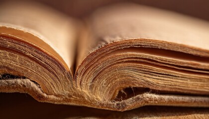 Ultra-macro image of an old book&rsquo;s frayed pages, showcasing the intricate fibers and warm sepia tones, capturing the texture and wear of the pages over time.
