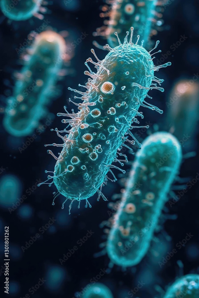 Poster close-up view of colorful bacteria in a microscopic environment showcasing intricate details