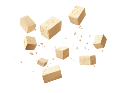 tofu cubes falling on transparent background