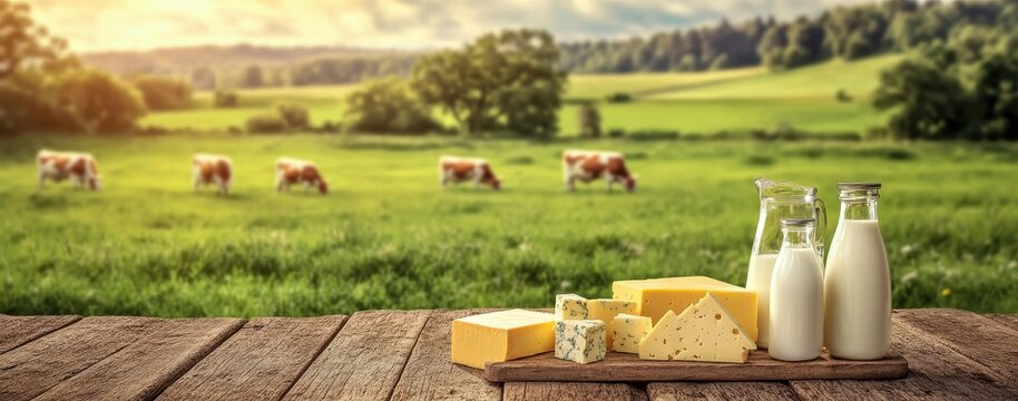 Fresh Dairy Products In Beautiful Countryside Setting With Cows Grazing On Green Pasture Under Bright Sky And Soft Clouds