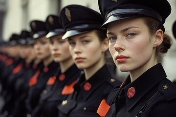 Portrait of Young Women in Black Military Uniforms