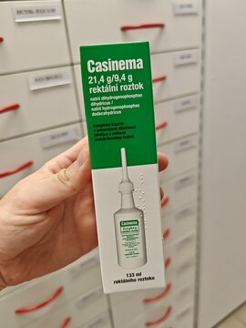 Prague,Czech Republic-January 8 2025: Casinema rectal solution is used for local anti-inflammatory and soothing treatment of rectal and anal disorders such as proctitis and hemorrhoids.

