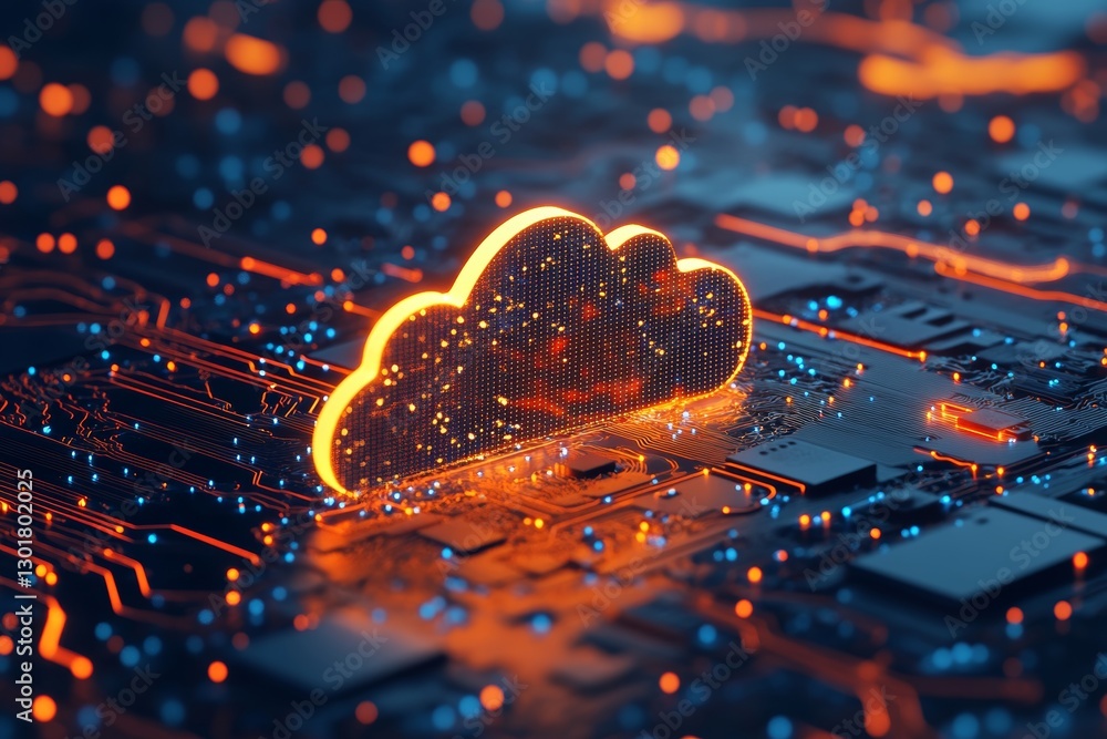 Poster 3d render of cloud storage concept with data transfer between chips on circuit board