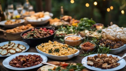 Fototapeta premium Abundant Outdoor Buffet Table With Varied Dishes