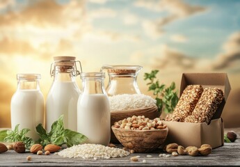 Fresh Milk and Nuts with Grains in Natural Setting Under Beautiful Sky at Sunset