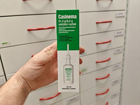 Prague,Czech Republic-January 8 2025: Casinema rectal solution is used for local anti-inflammatory and soothing treatment of rectal and anal disorders such as proctitis and hemorrhoids.

