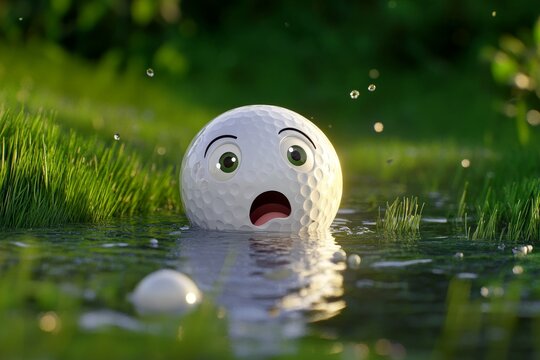 Adorable cartoon golf ball with a scared expression floating in water on lush green grass