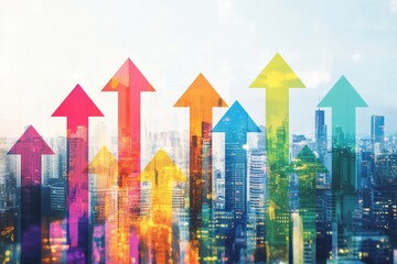 Colorful arrows ascending over city skyline representing business growth in double exposure