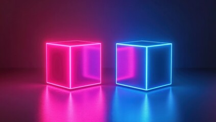 Two glowing neon cubes, pink and blue, reflecting on a dark surface.