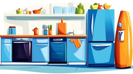 Vibrant Cartoon Kitchen Illustration: Modern Appliances and Stylish Design AI Generated