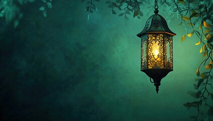 Ornate Metal Lantern Hanging Among Dark Green Leaves at Night