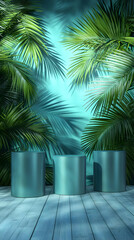 Obraz premium 3D Illustration Tropical Palm Leaves Backdrop Product Display Podium