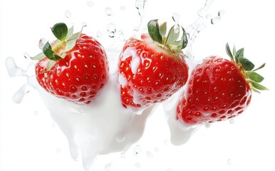 Fresh Strawberries Splashing in Creamy Milk with Water Droplets Captivatingly Captured Against a Bright White Background