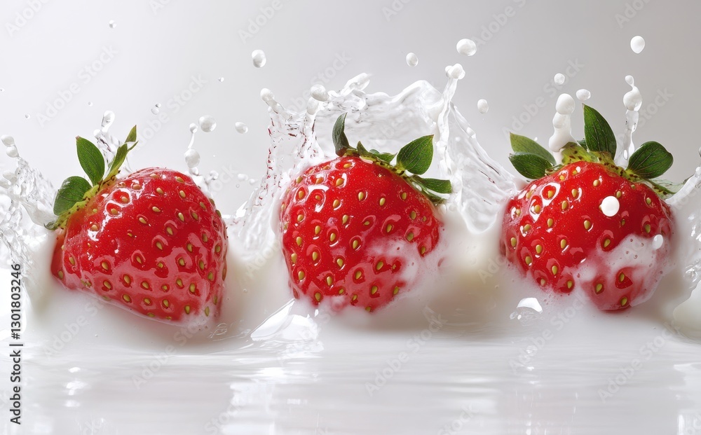 Poster fresh strawberries splashing into creamy milk creating dynamic water droplets and inviting textures 