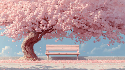 Blossoming cherry tree beside a pink bench on a sunny day in a serene park setting