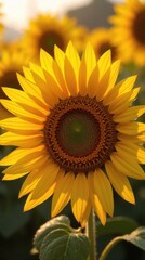 Obraz premium Vibrant Sunflower Close-up with Water Droplets, Golden Afternoon Light, Blurred Background of Additional Sunflowers