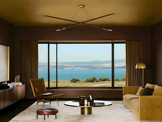 Fototapeta premium Interior Design Illustration Living Room Lake View Sofa Chair Coffee Table