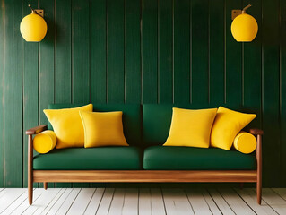 Illustration Green Sofa Yellow Pillows White Floor Lamps Room Interior Design