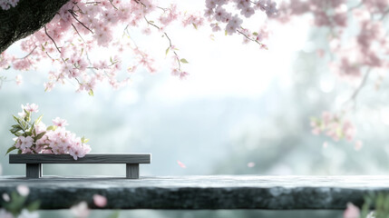 Blossoming cherry tree branches over a serene wooden bench surrounded by delicate pink petals