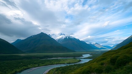 stock photo, soft pastel colors, intense dramatic weather. Serene landscape clear blue sky, snow-capped mountains,