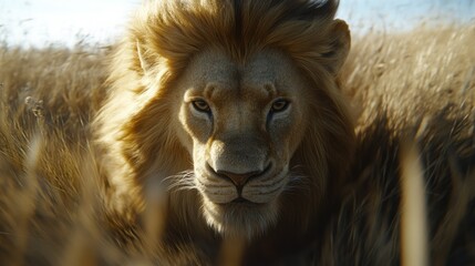 Naklejka premium Majestic lion stalking savanna, windblown mane, sunrise