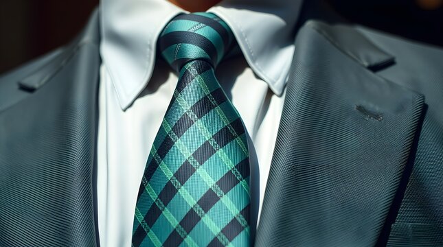 Close-up of a dark green subtly plaid necktie, slightly askew, against a textured dark grey suit jacket. 