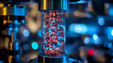 Glowing particles inside a clear cylindrical container.