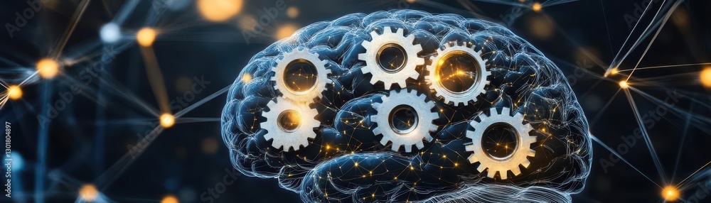 Poster intricate brain design featuring interlocking gears symbolizing complex thought processes and innova
