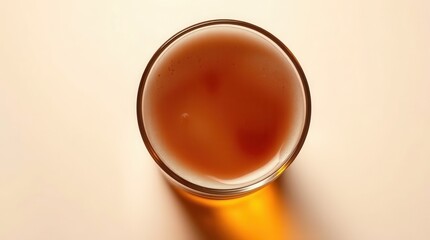 Top View of a Glass of Beer with Foam on a Light Background
