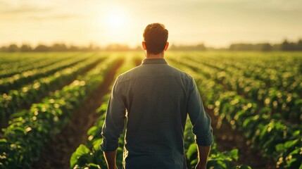 Fototapeta premium Man Observing Green Crops Under Golden Sunlight at Dusk