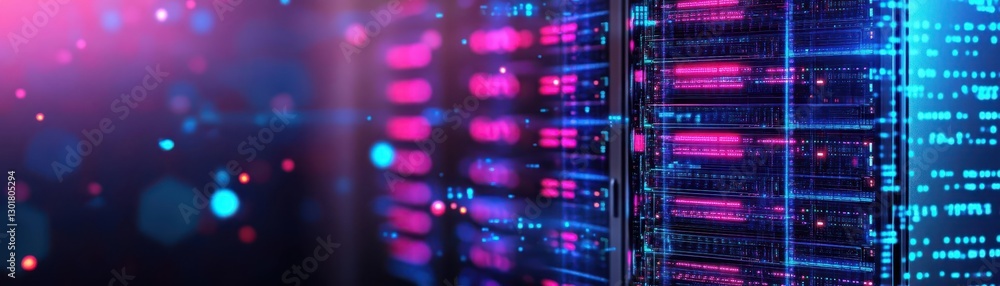Poster vibrant server rack illuminated by colorful led lights creating a high-tech atmosphere in a modern d