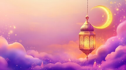 ramadan kareem festive lantern with golden crescent moon dreamy clouds