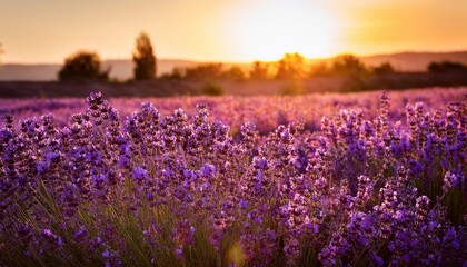 Fototapeta premium a field of purple lavender blossoms bathed in the golden glow of a setting sun creating a scene of vibrant beauty and tranquility