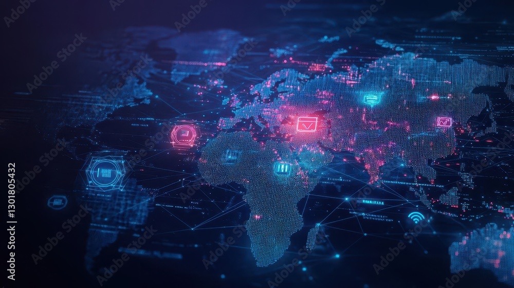 Poster intricate world map featuring dynamic network of interconnected lines illustrating global connectivi