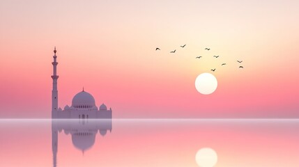 Obraz premium misty mosque silhouette with sun and birds at sunrise over reflective water