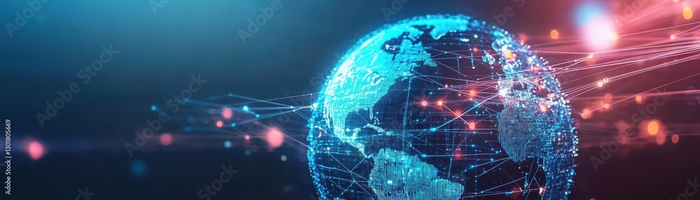 Poster intricate globe surrounded by a dynamic network of interconnected lines and dots representing global