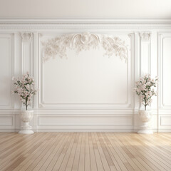 Elegant interior with floral decorations and wooden flooring, featuring ornate wall design and potted plants. serene and sophisticated atmosphere is created by soft colors and intricate details