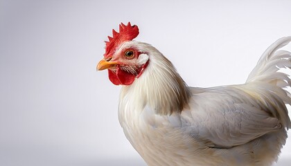 Fototapeta premium a solitary white chicken stands alone against a white backdrop