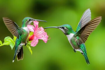 Two hummingbirds feeding on a pink flower.
