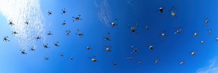 Drone Swarm Sky Flight, Cloud Background, Aerial Photography