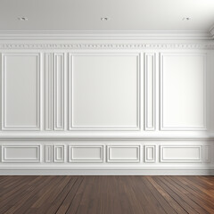 Elegant white wall with decorative molding and wooden floor
