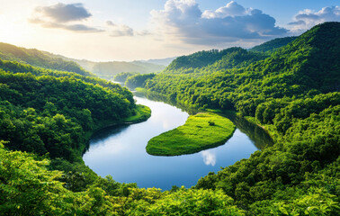 winding river flows through lush hills, surrounded by vibrant greenery, creating serene landscape