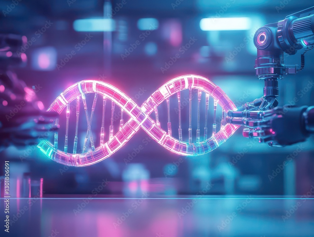 Poster futuristic robotic arm positioned gracefully in front of a twisted dna helix symbolizing advanced te