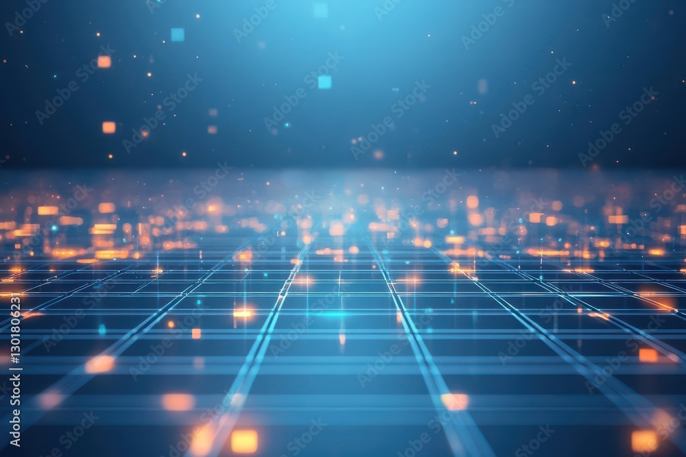 Poster futuristic abstract technology background featuring glowing squares and geometric patterns creating 