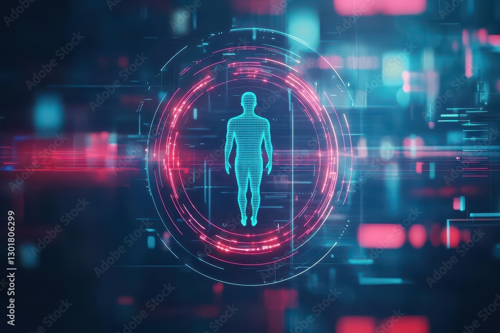 Aufkleber a man illuminated by vibrant neon lights stands confidently inside a glowing circular frame creating