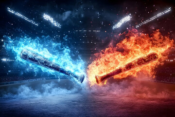 Fototapeta premium Illustration - Fire and Ice Baseball Bats Clash in Dramatic Stadium Showdown