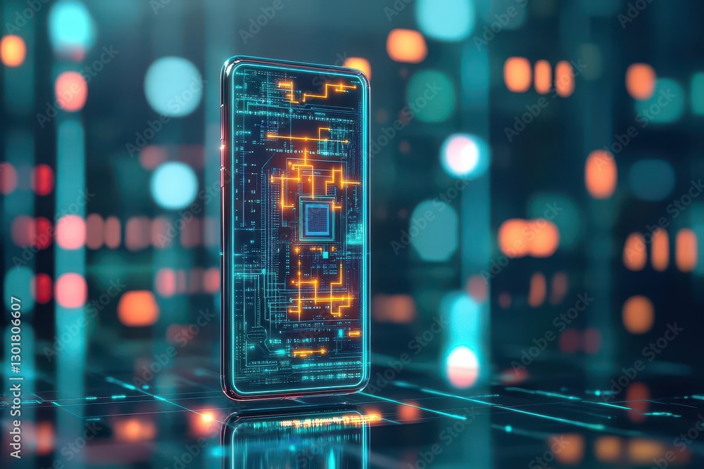 Poster high tech smartphone featuring intricate circuit design symbolizing innovation and connectivity in m